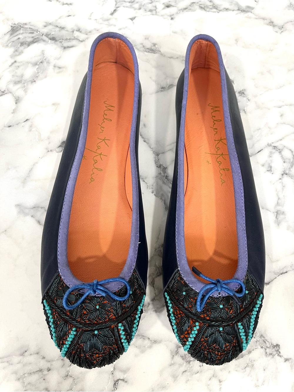 Bizi Ballet by Meher Kakalia Intricate Turquoise Beading Navy Blue Leather 42 10
